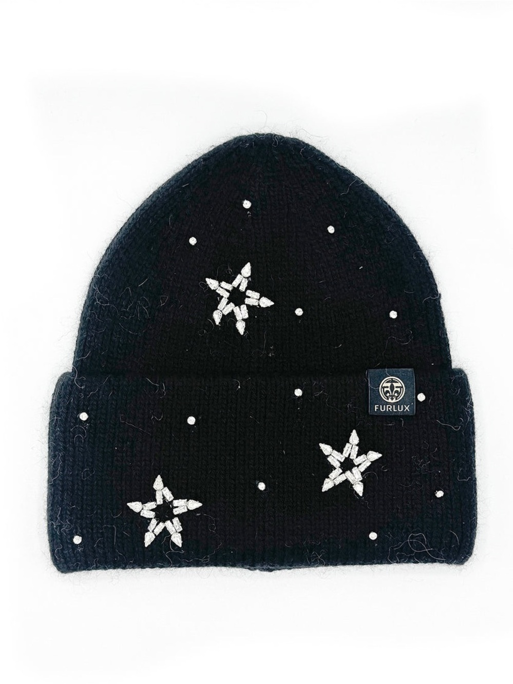 NWT Furlux C2391 Black Crystal Star Angora Nylon Knit Beanie Ski Hat